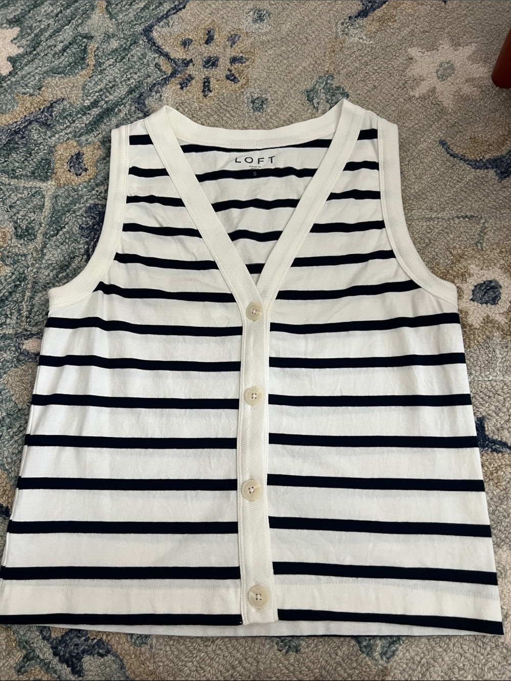LOFT White and Navy Striped Button-Front Tank
